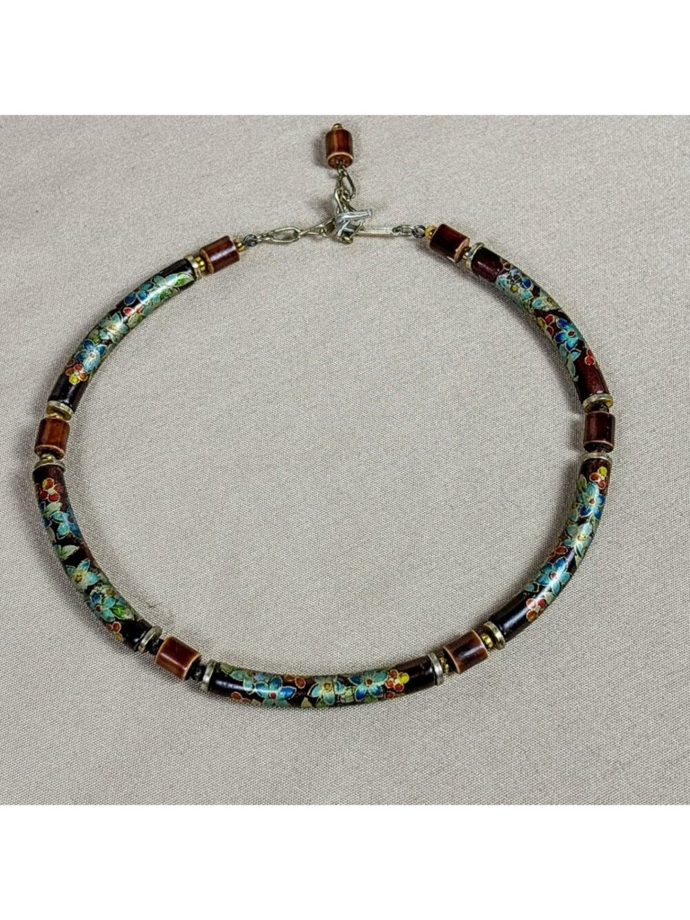 Vintage Asian Floral Painted Glass Bead Necklace Brown Multicolor Beaded Jewelry